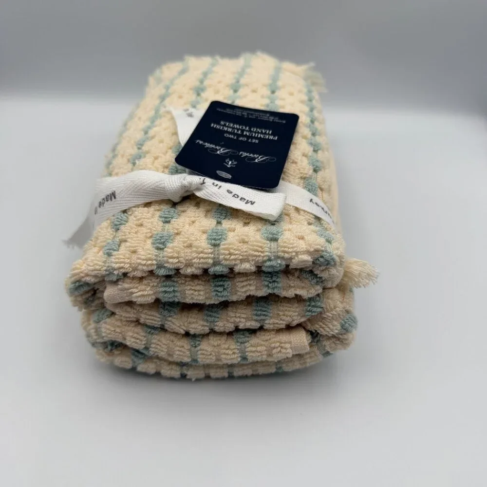 Brooks Brothers Premium Turkish Cotton Hand Towel Set of 2 Fringed Cream/Blue